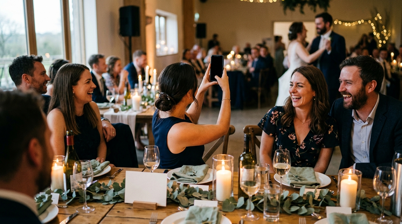 Wedding guests at a candlelit reception table laughing as one of them raises a phone to take a picture of the couple across the room.
