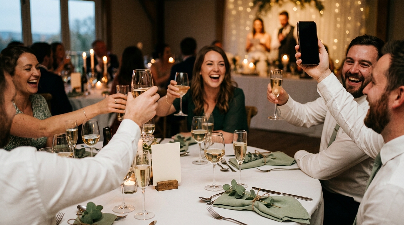 Guests at a reception table during the toasts, one of them holding a phone up toward the couple while the others laugh and raise their glasses.