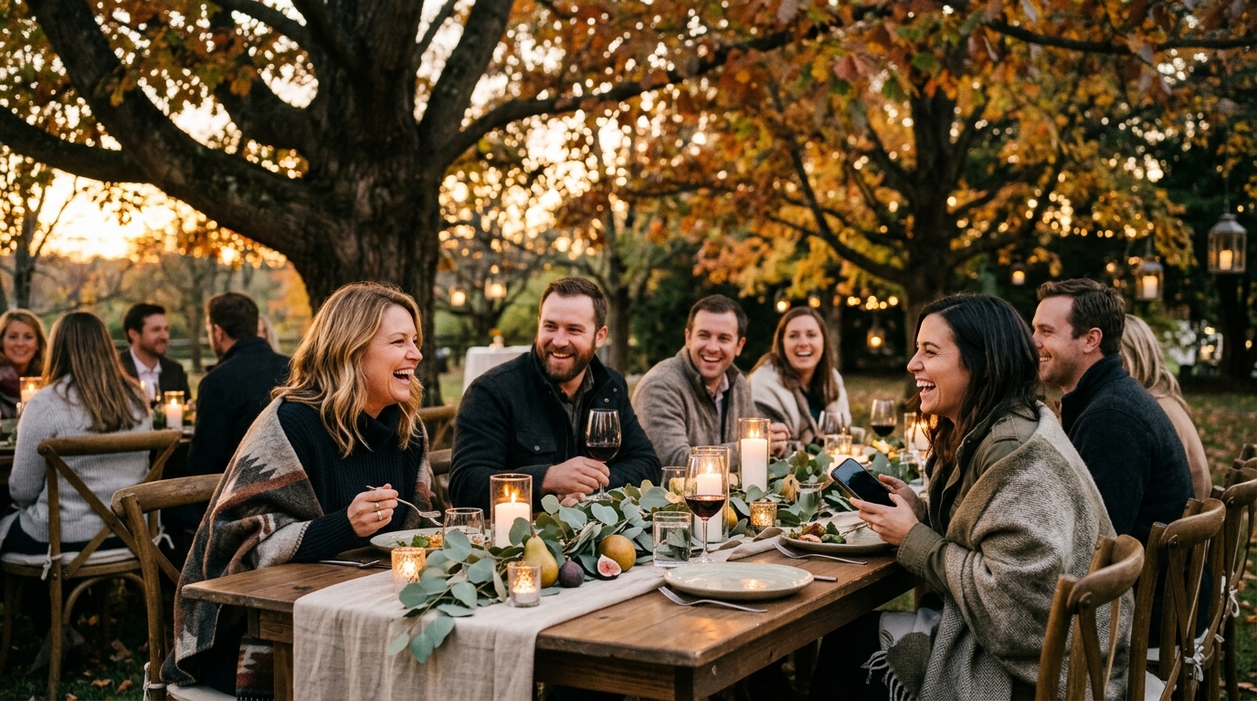 Adult wedding guests wrapped in blankets laugh around a candlelit outdoor reception table at dusk, with eucalyptus, pears, and fall leaves along the runner.